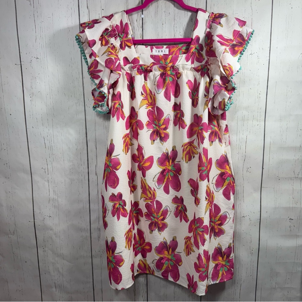 THML Pink and White Mini Dress Cap Sleeve Square Neck